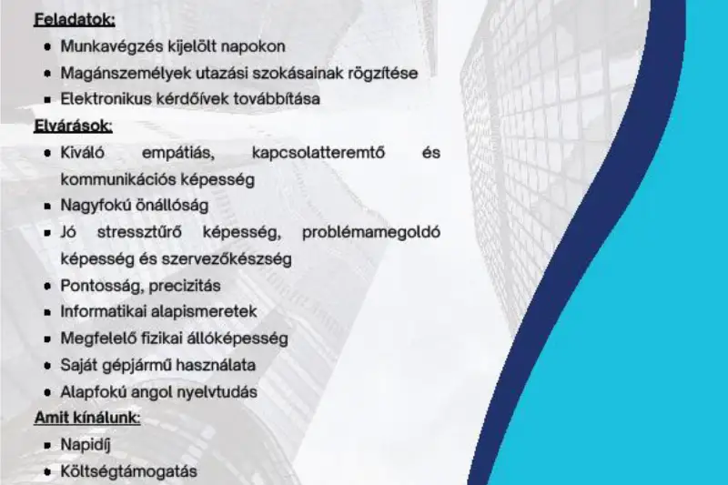 A Statisztikai Elemző Központ Kft. (Statek Kft.) lakossági adatfelvételekhez keres összeírót