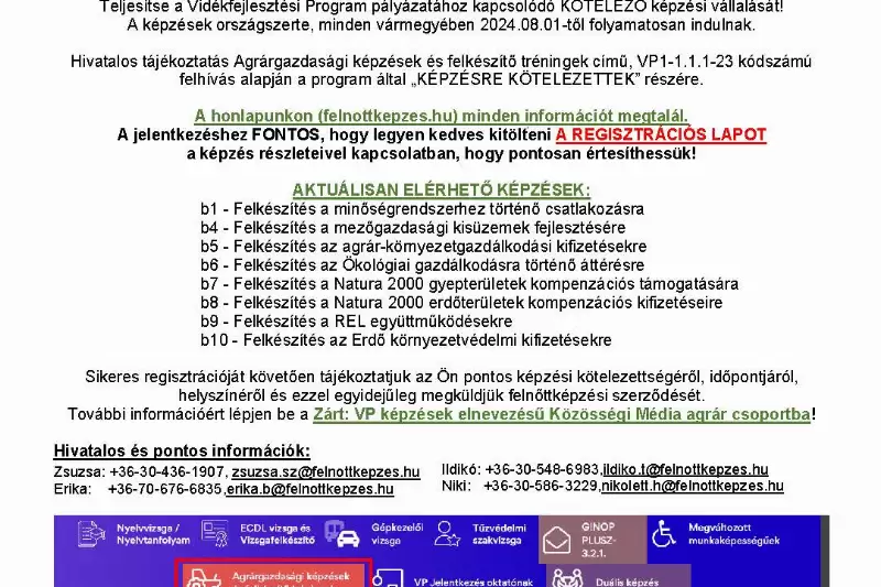 Hirdetmény - Vidékfejlesztési Program pályázatához kapcsolódó képzés
