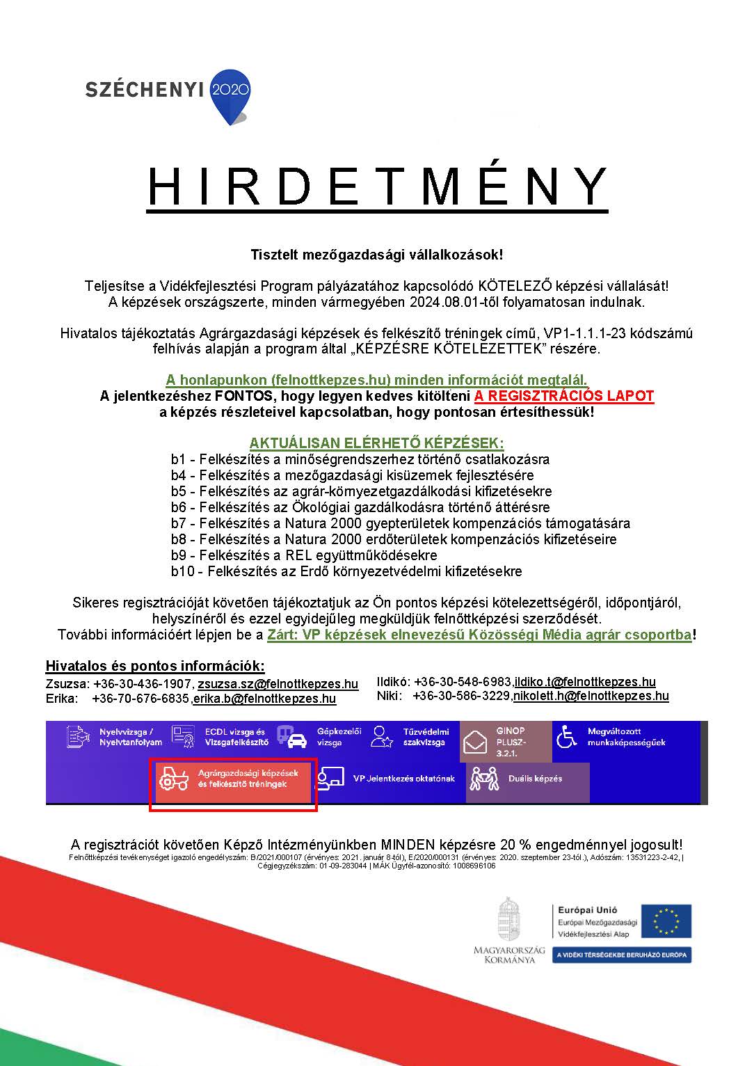 Hirdetmény - Vidékfejlesztési Program pályázatához kapcsolódó képzés